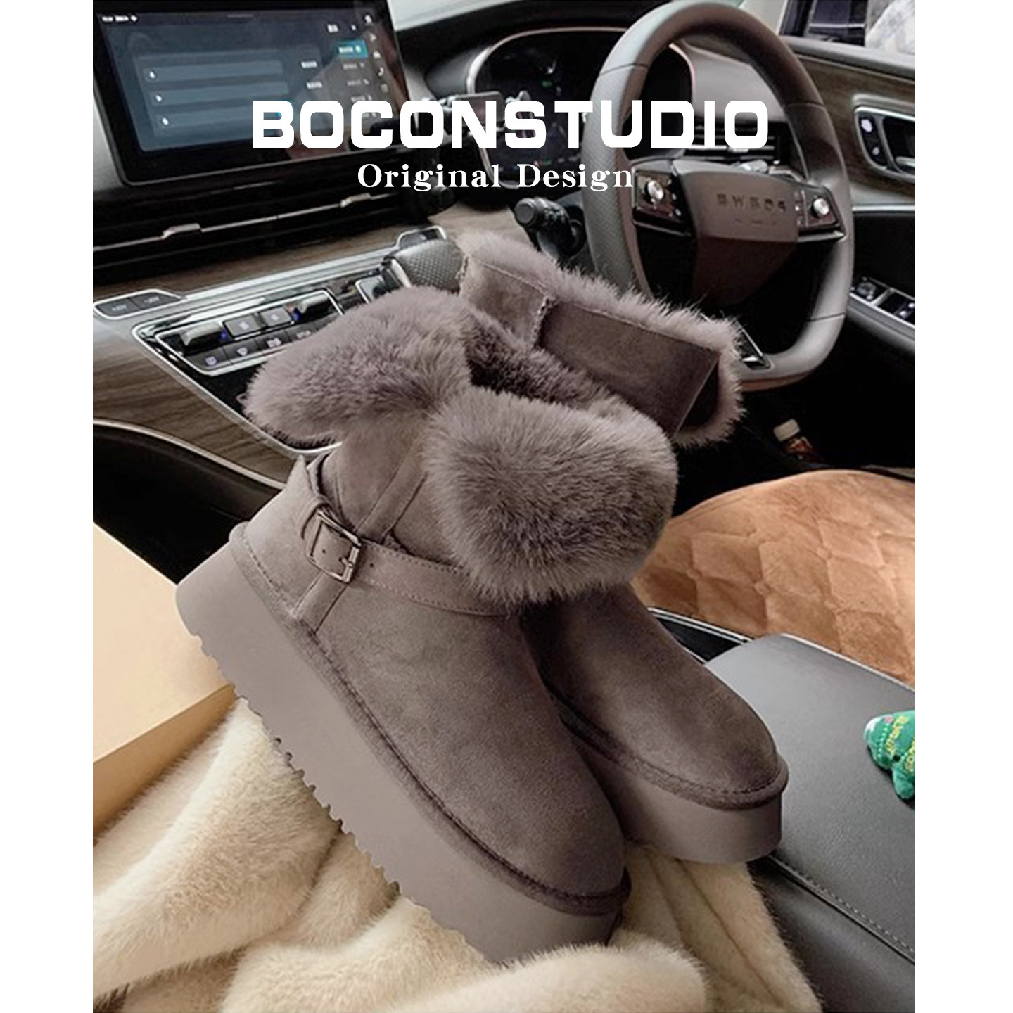 内增高~灰色雪地靴女加绒毛毛冬季保暖雪地棉鞋中筒厚底长筒靴子主图