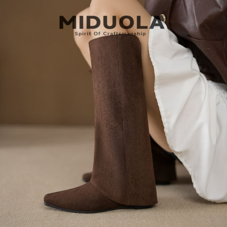 羊皮版~巨好看尖头裤管靴女2025新款美拉德棕色靴子内增高长筒靴