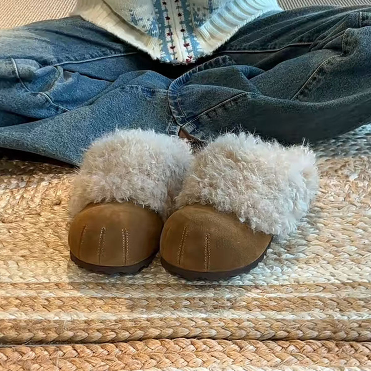 羊皮版~复古风丑萌可爱圆头包头半拖鞋女一脚蹬时尚保暖毛毛棉鞋主图