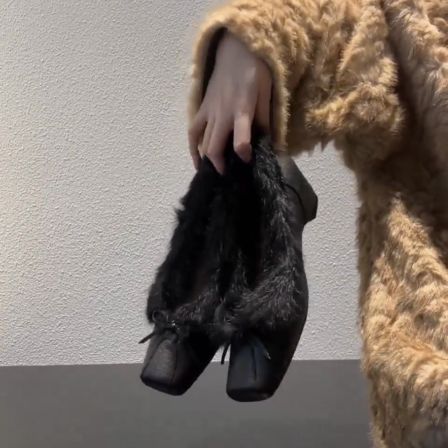 牛皮版~复古蝴蝶结毛毛鞋浅口单鞋女内增高加绒保暖玛丽珍小皮鞋