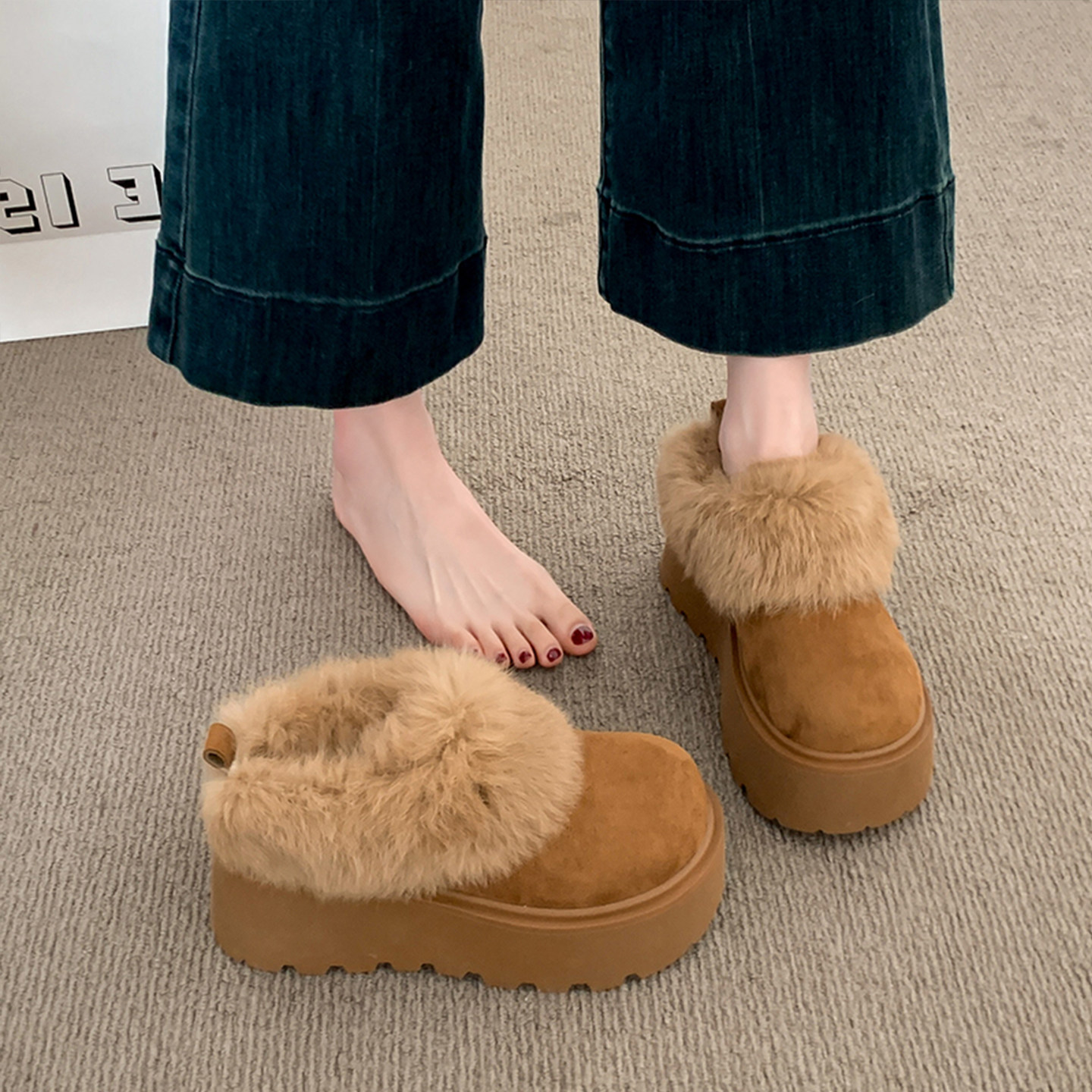 加绒保暖厚底毛毛拖鞋女冬外穿2025新款小个子增高勃肯雪地棉拖鞋主图