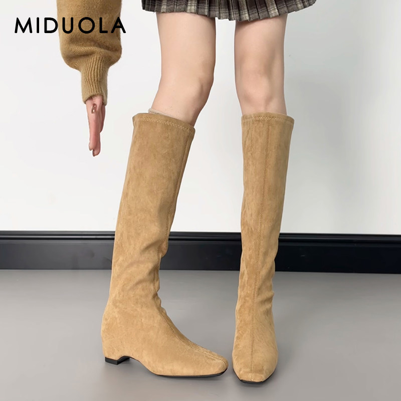 羊皮版~小个子内增高长筒靴女2025新款秋冬卡其色靴子不过膝长靴主图