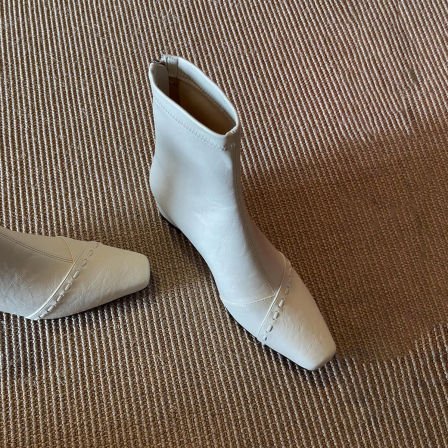 牛皮版~方头复古时髦显瘦通勤舒适短靴女法式温柔真皮简约瘦瘦靴