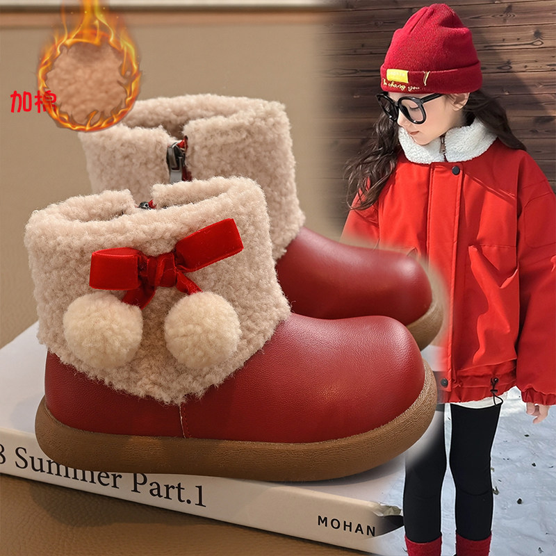 女童加绒短靴2025冬季新款儿童保暖雪地靴小女孩羊羔绒大棉公主靴主图