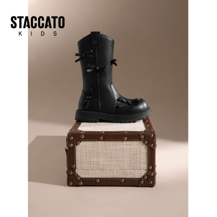 思加图2025新款冬季女童黑色蝴蝶结骑士靴厚底机车靴美拉德风皮靴