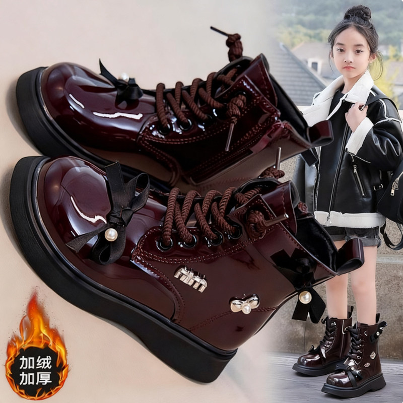 官网C&K女童靴子2025新款冬季儿童加绒皮靴女孩防滑防水马丁棉靴主图