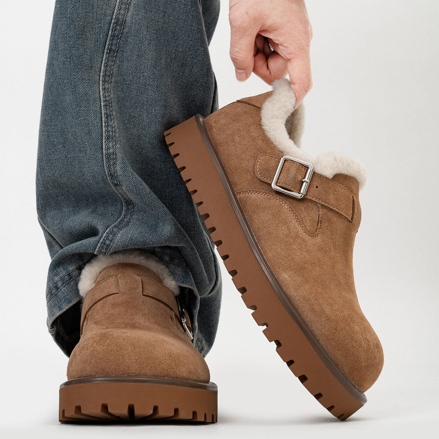 冬季加绒复古乐福鞋男女保暖厚底毛毛棉鞋大头全包搭扣勃肯雪地靴主图