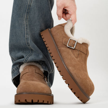 冬季加绒复古乐福鞋男女保暖厚底毛毛棉鞋大头全包搭扣勃肯雪地靴