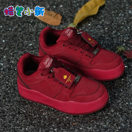 蜡笔小新酒红色厚底板鞋男鞋加绒保暖冬季新款学生网红百搭面包鞋