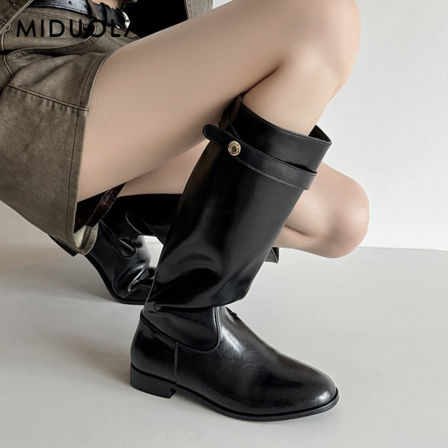 羊皮版~巨好看平底长筒靴女2025新款秋冬黑色靴子不过膝真皮长靴