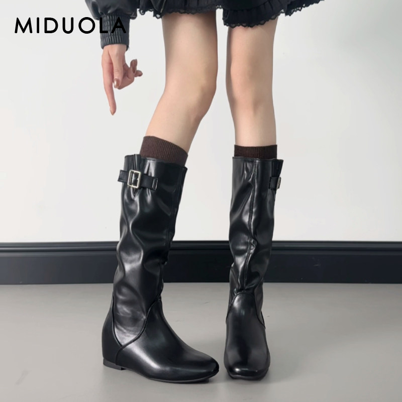 羊皮版~小个子内增高长筒靴女2025新款秋冬黑色靴子大码女靴皮靴主图