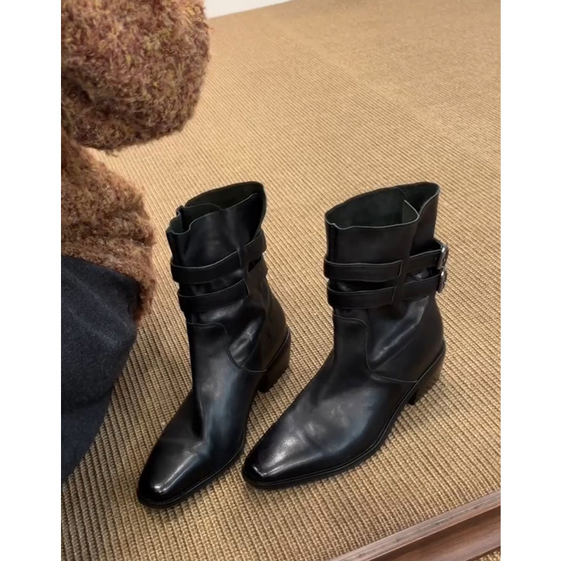 水洗牛皮~英伦气质方头皮带扣粗跟西部靴真皮复古显瘦百搭短靴女主图