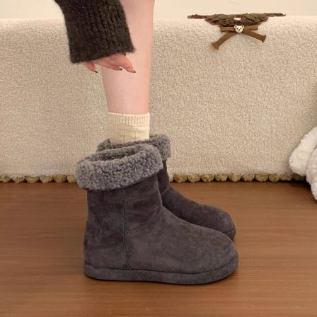 厚底磨砂加绒加厚雪地靴女冬2025新款灰色保暖中筒棉靴子东北棉鞋