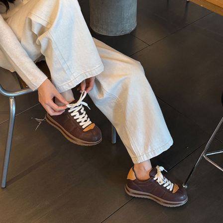 牛皮版~厚底撞色系带休闲鞋复古阿甘鞋百搭运动鞋女德训鞋面包鞋