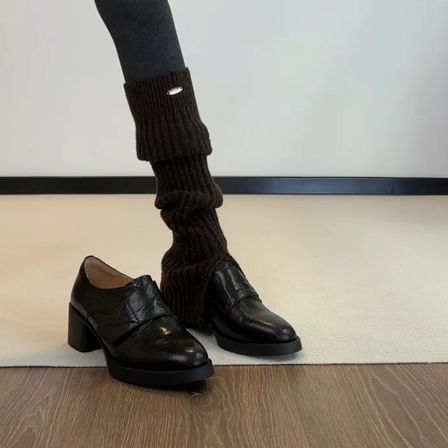 羊皮版~英伦风尖头粗跟乐福鞋女魔术贴深口通勤静音一脚蹬小皮鞋