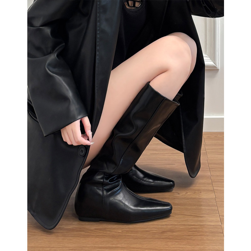羊皮版~真皮小个子5cm内增高长靴女2025新款方头高筒骑士靴直筒靴主图