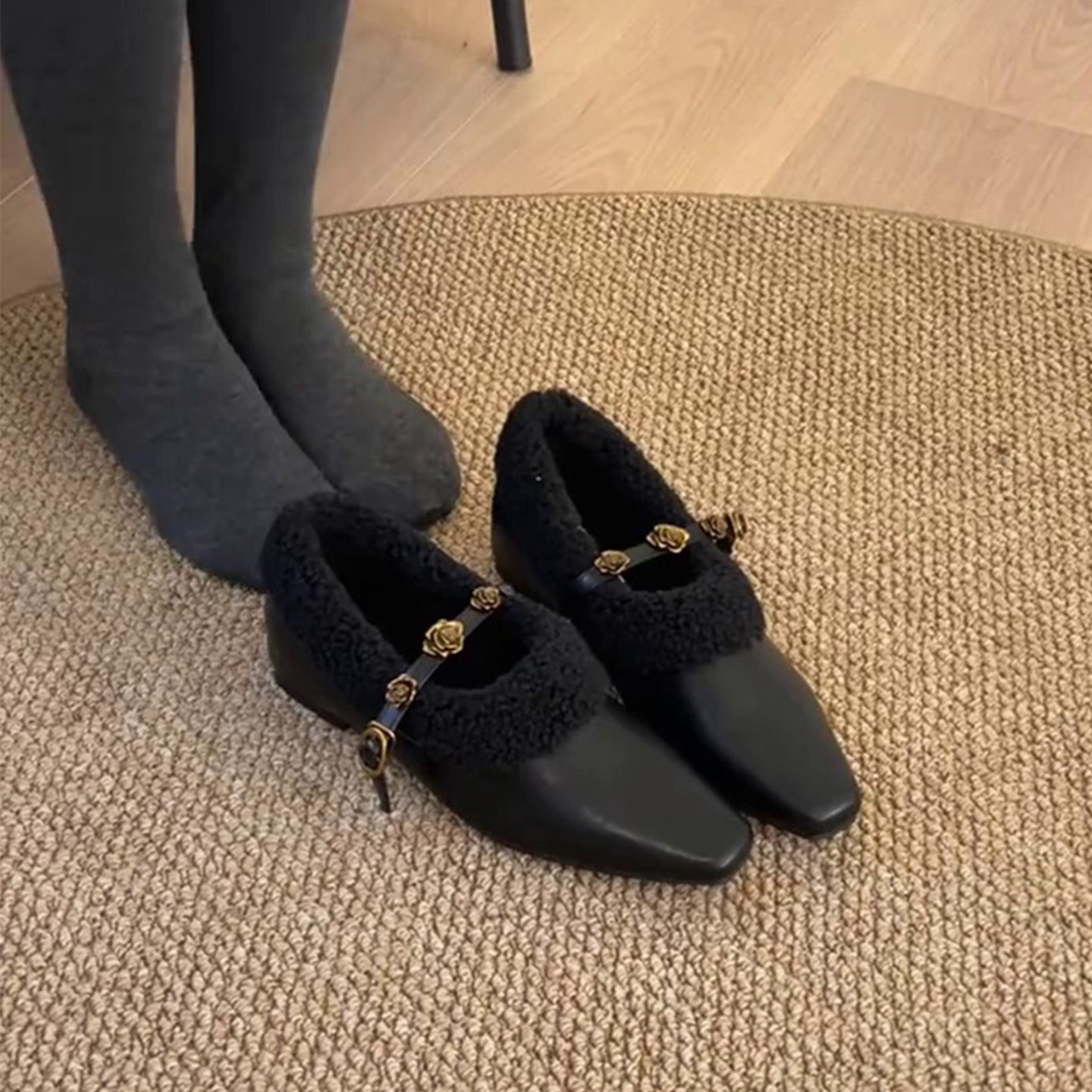 羊皮版~法式小香风山茶花毛毛玛丽珍鞋一字扣带浅口内增高单鞋女主图