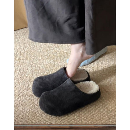 羊毛版~真皮复古增高勃肯鞋女外穿加绒保暖内增高毛毛包头半拖鞋