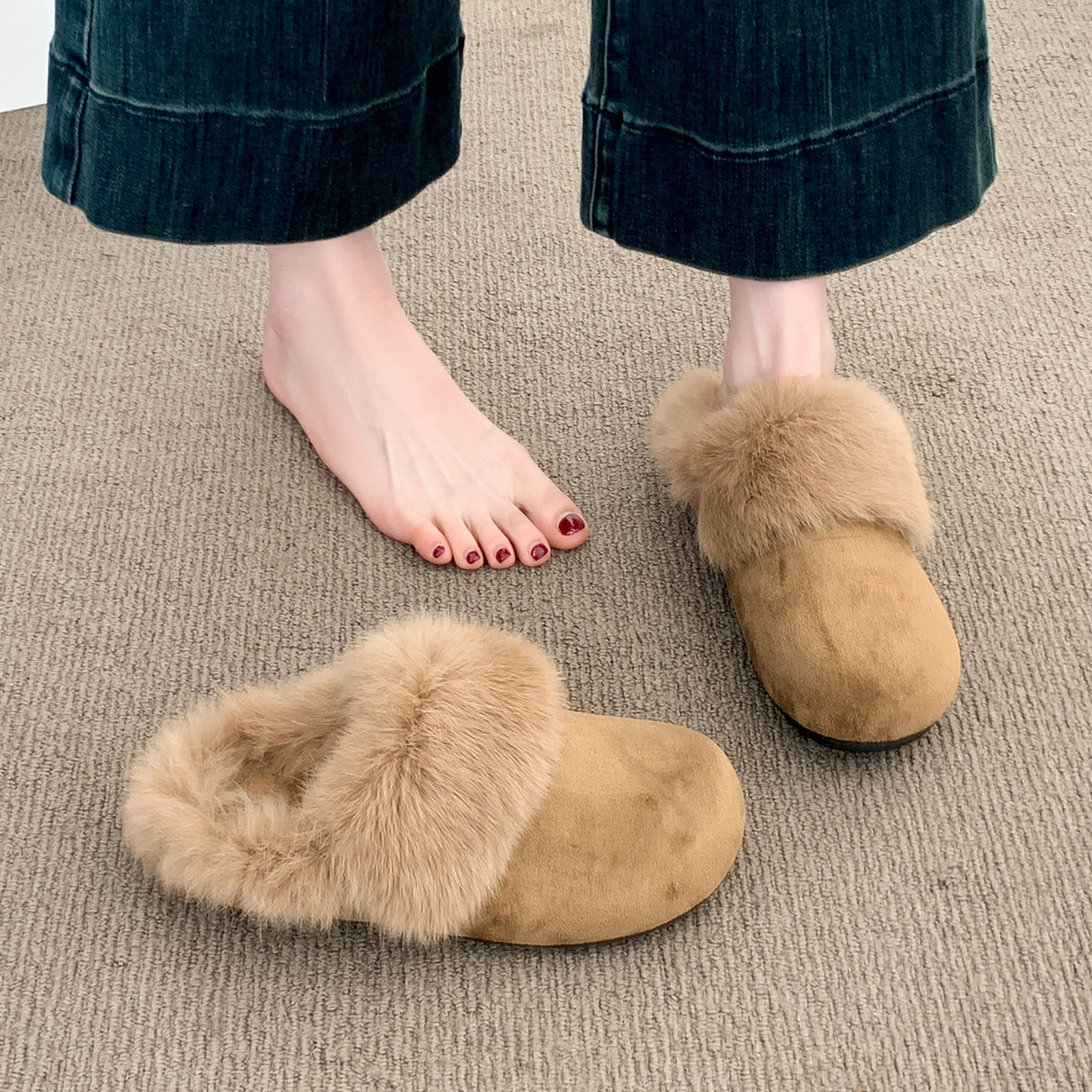 毛毛勃肯鞋女2025新款冬季外穿加绒加厚保暖一脚蹬懒人包头半拖鞋主图