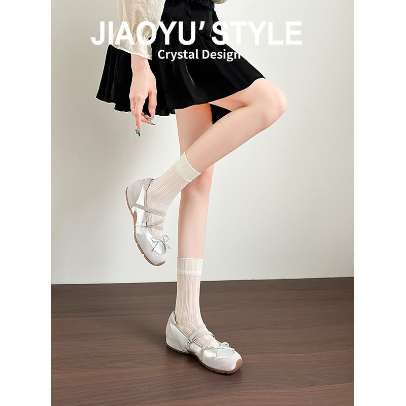 真皮~骄屿银色单鞋复古蝴蝶结厚底增高休闲百搭芭蕾风运动玛丽珍主图