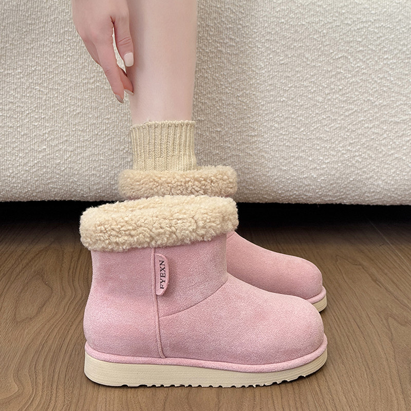 粉色雪地靴女款2025新款冬季加绒保暖羊羔毛毛靴厚底防滑短筒棉靴主图