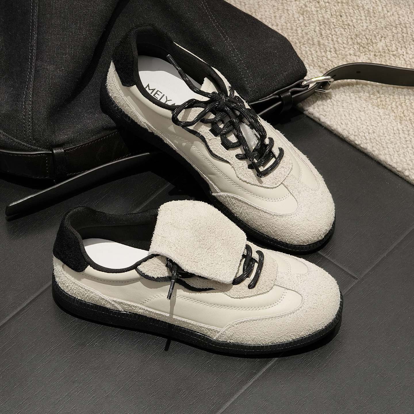 美洋MEIYANG 翻翻乐休闲鞋 反绒牛皮革_可拆卸鞋舌圆头撞色-周五主图