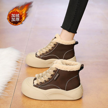 厚底高筒大棉鞋女2025新款冬季防滑真皮复古运动鞋加绒保暖雪地靴