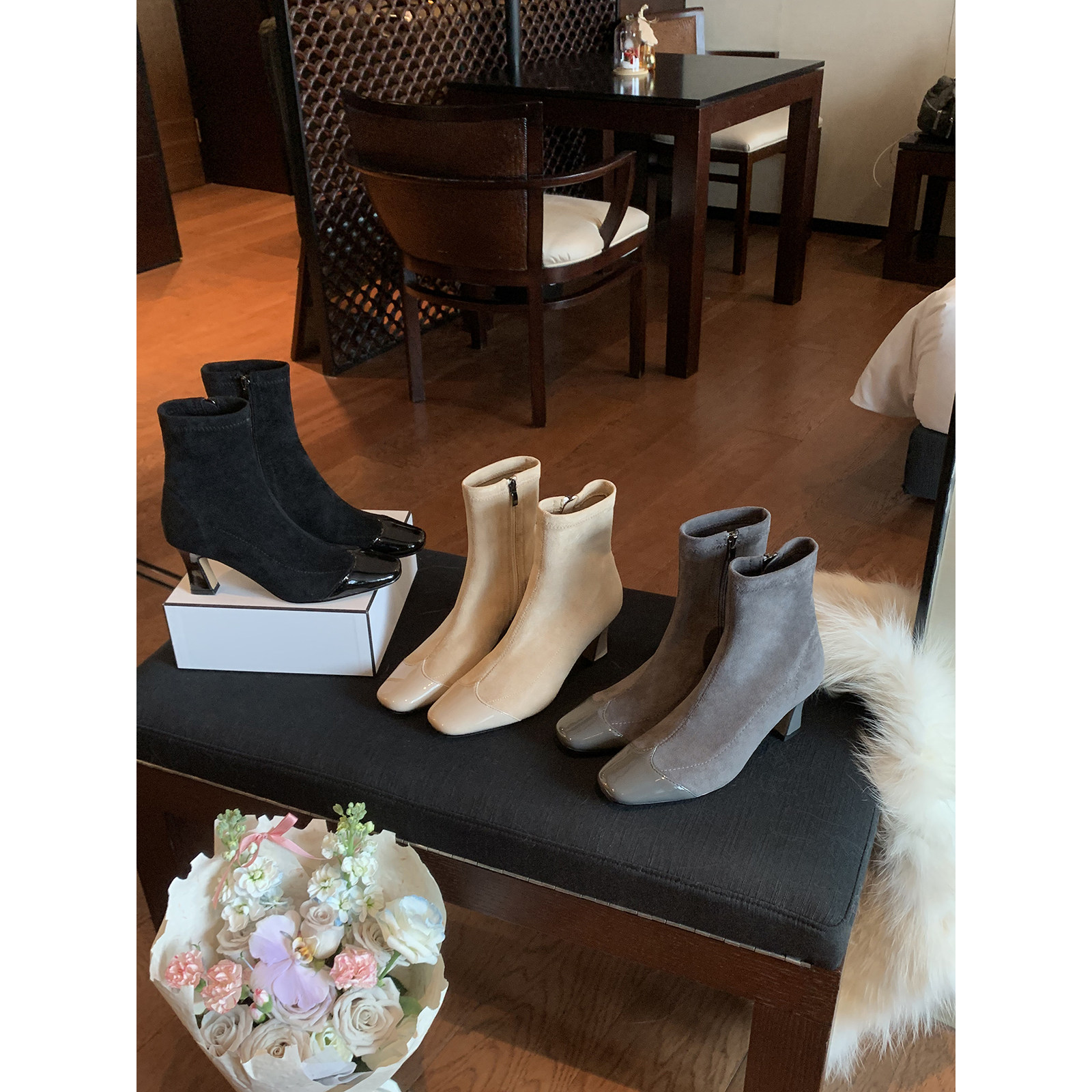 葡萄妈studiolee 增高7cm~ 法式拼接方圆头侧拉链高跟瘦瘦短靴女主图