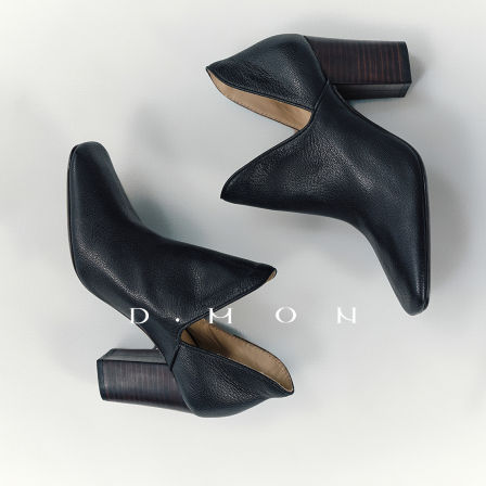 DMON高调精致_方头粗跟脚裸鞋羊皮极简秀场时尚高跟鞋静奢女鞋