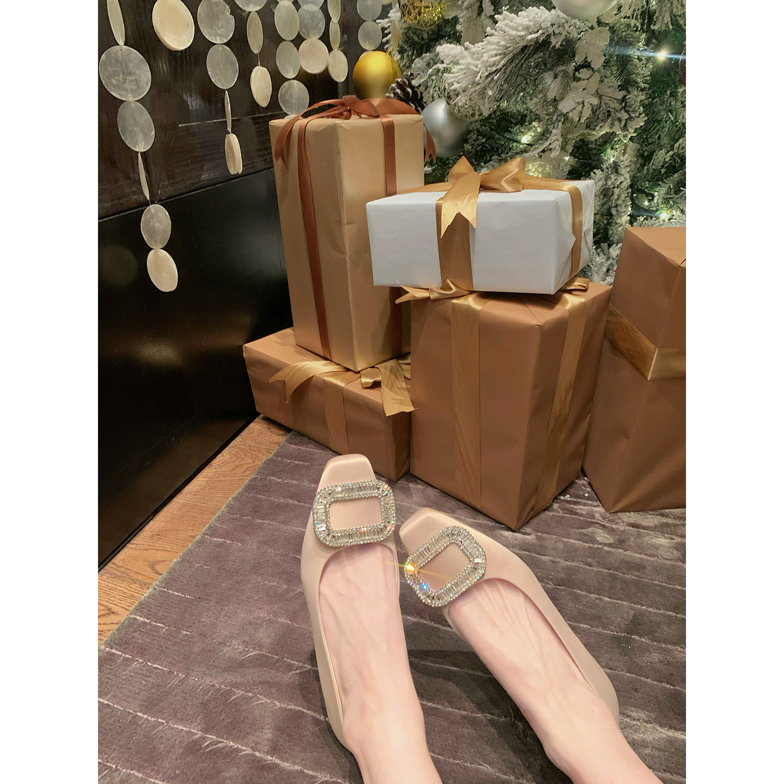 葡萄妈studiolee 内增高3cm~ 钻扣精致小方头缎面浅口粗跟单鞋女主图