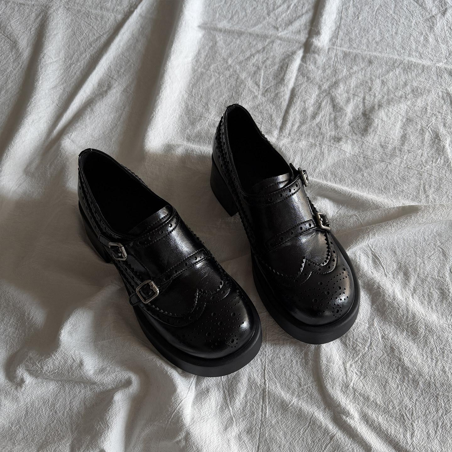 牛皮版~厚底布洛克雕花圆头乐福鞋英伦风复古皮带扣粗跟小皮鞋女主图