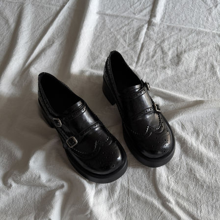 牛皮版~厚底布洛克雕花圆头乐福鞋英伦风复古皮带扣粗跟小皮鞋女