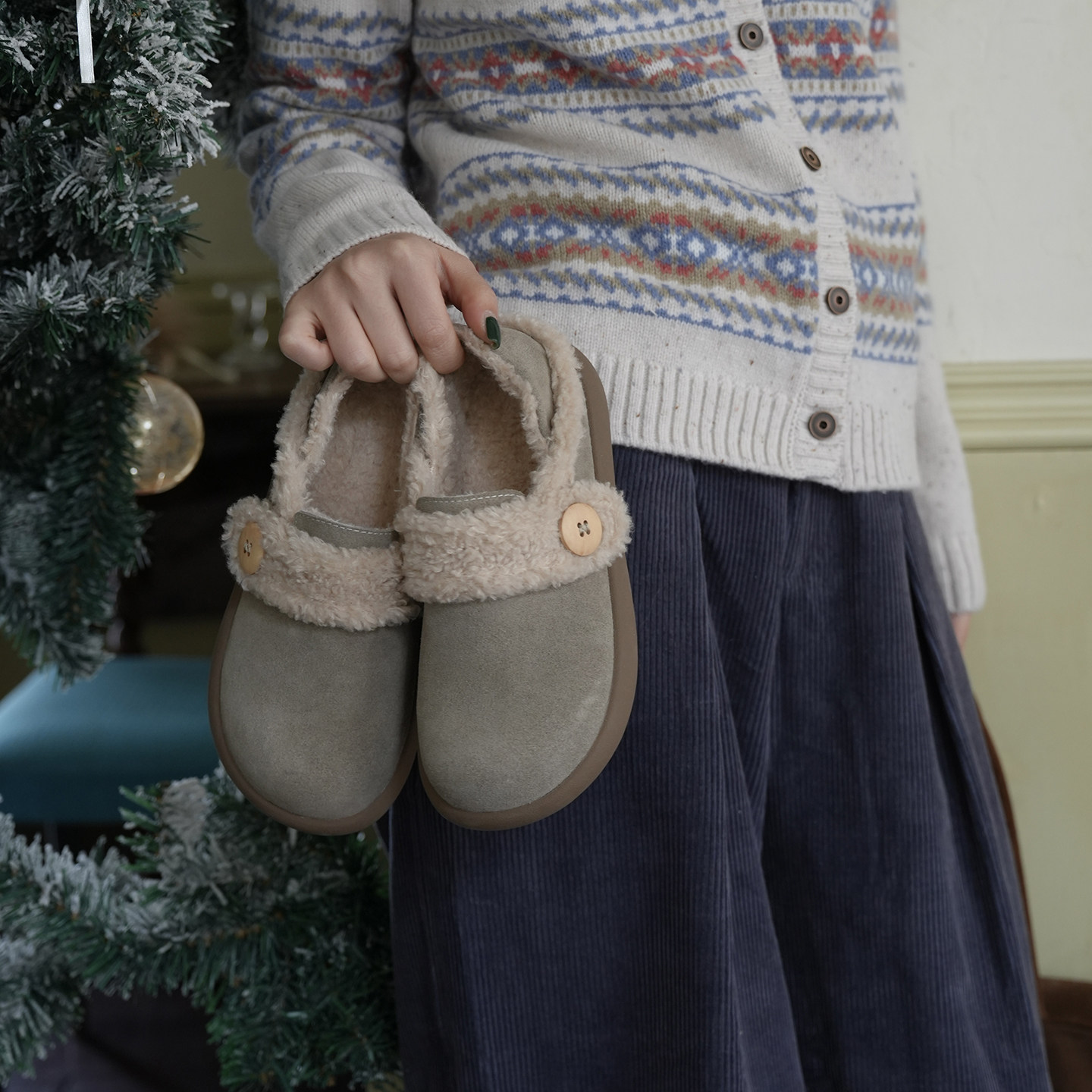 暮四 秋冬小土豆圆头泡芙鞋加绒保暖羊羔毛毛小众勃肯鞋复古单鞋主图