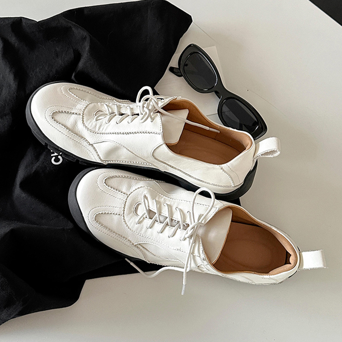 羊皮版~系带深口运动登山鞋女法式圆头轻便简约舒适休闲鞋德训鞋主图