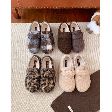 增高豹纹勃肯鞋女2025新款冬季百搭钮扣毛毛鞋保暖加绒魔术贴棉鞋