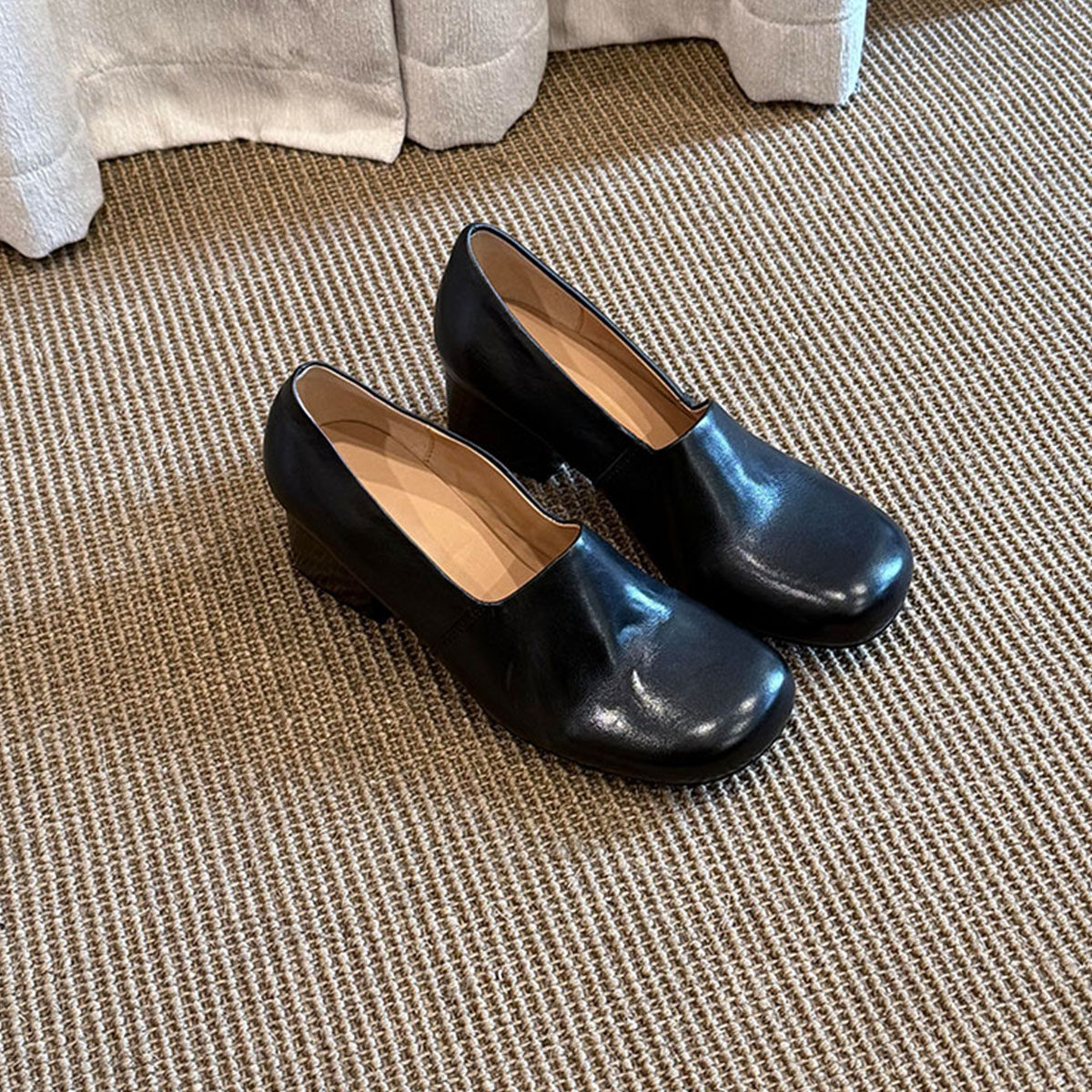 羊皮版~法式复古圆头软皮浅口小皮鞋女一脚蹬舒适百搭时尚乐福鞋主图