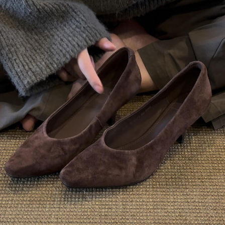 羊皮版~通勤风小众绒面浅口单鞋女休闲简约一脚蹬外穿百搭高跟鞋