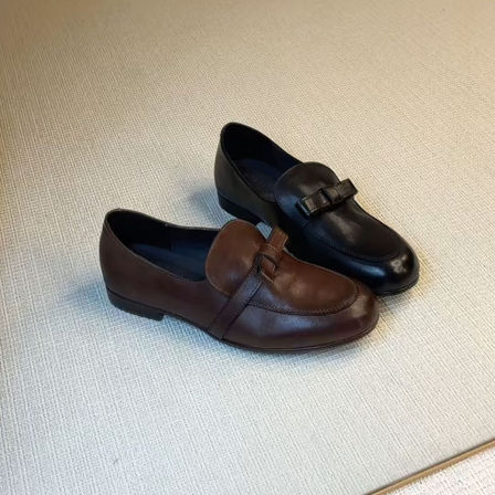 羊皮版~韩系甜美蝴蝶结真皮乐福鞋女英伦风一脚蹬轻便软底小皮鞋