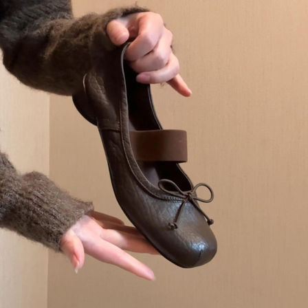 羊皮版~法式芭蕾风方头蝴蝶结一字带真皮玛丽珍超软低跟圆头包鞋