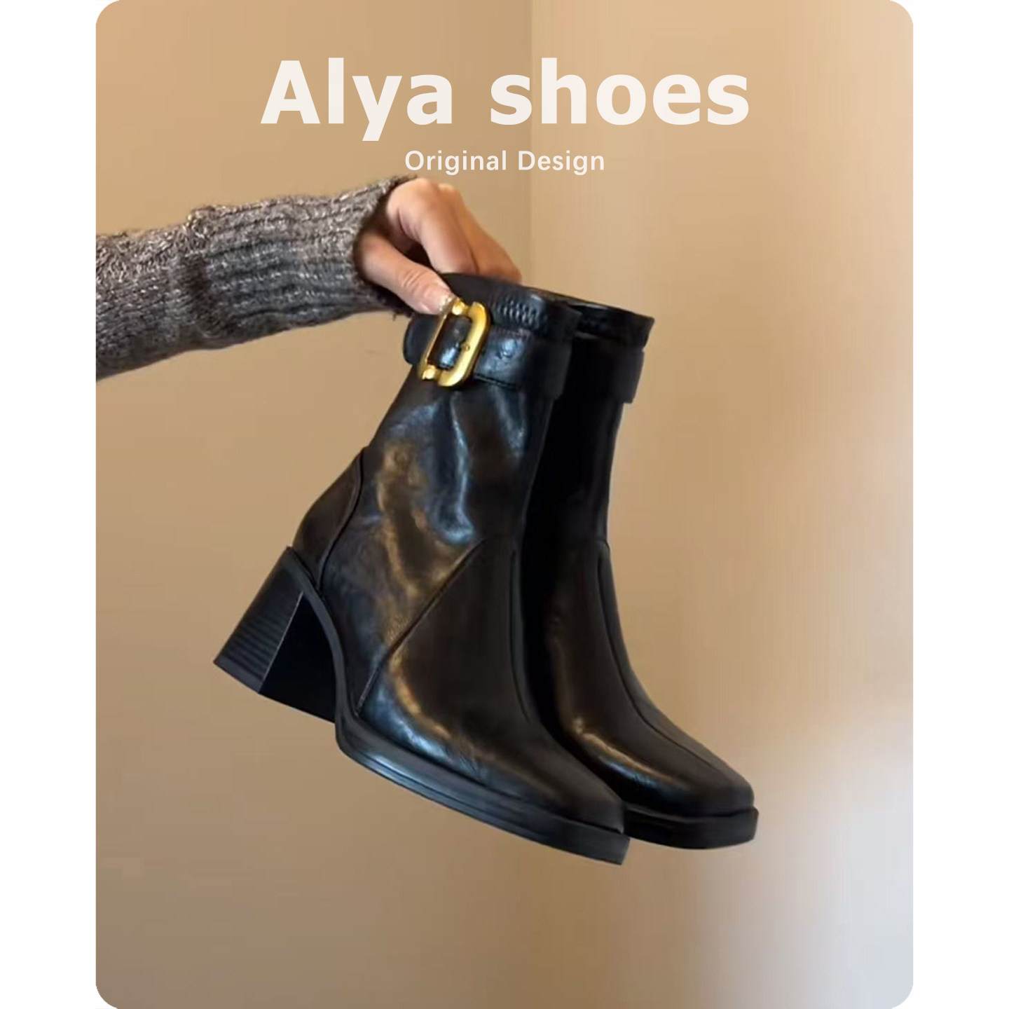 牛皮版~高跟侧拉链短靴女通勤不累脚瘦瘦靴粗跟方头皮带扣马丁靴主图