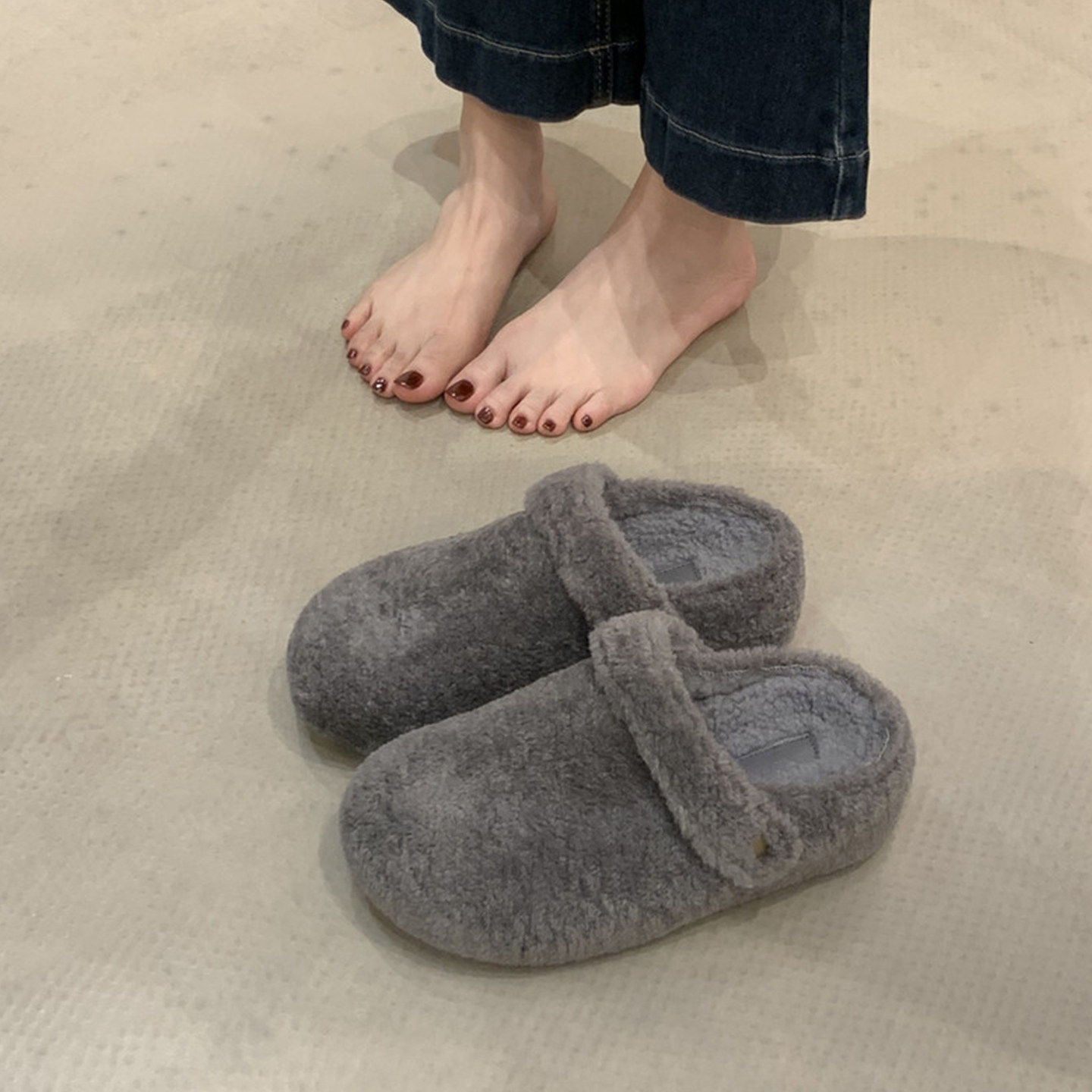 Wheat house ~！小个子厚底毛毛鞋女冬季羊羔毛增高包头毛毛棉拖主图