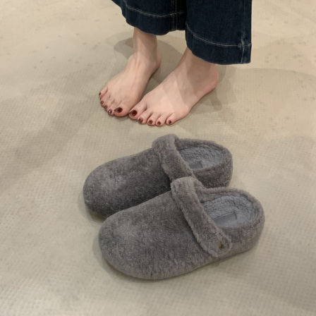 Wheat house ~！小个子厚底毛毛鞋女冬季羊羔毛增高包头毛毛棉拖