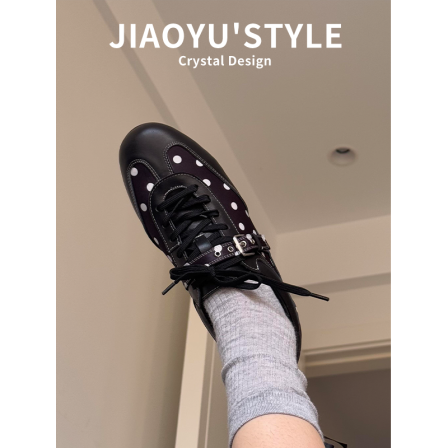 真皮~骄屿黑色设计感波点系带休闲德训鞋2025新款复古运动阿甘鞋