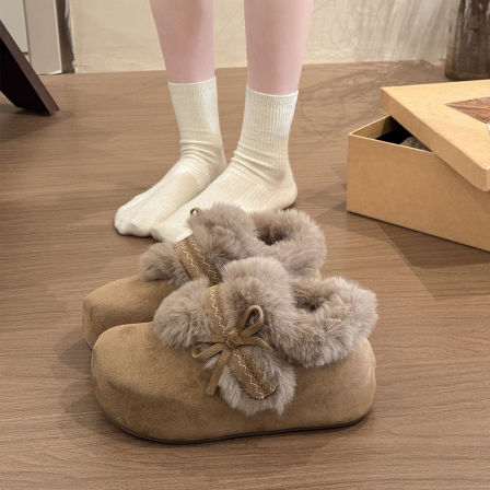 蝴蝶结毛毛勃肯鞋女2025冬季新款内增高魔术贴加绒保暖小个子棉鞋