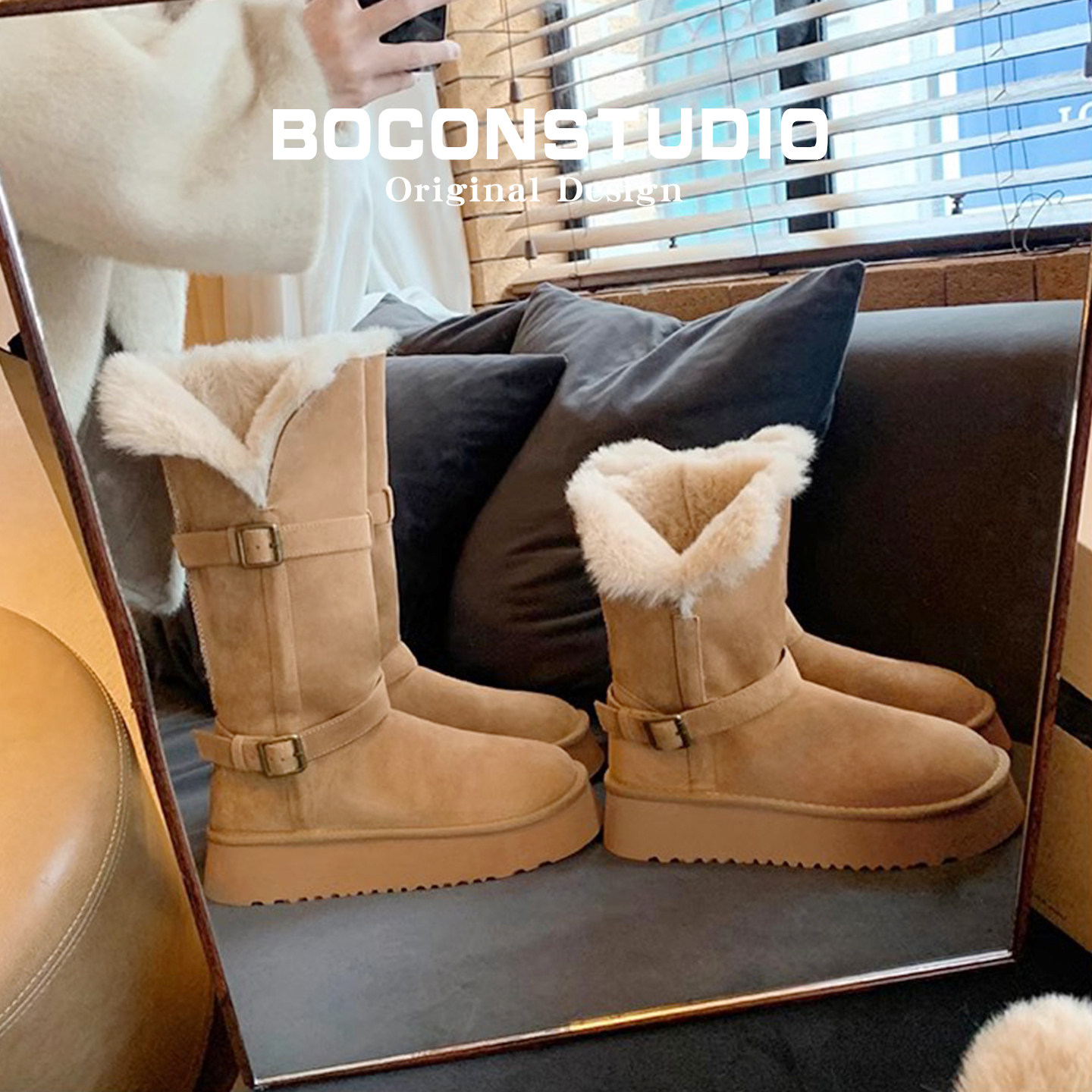 油叽叽~保暖雪地靴女加绒毛毛冬季雪地棉鞋内增高中筒厚底长筒靴主图