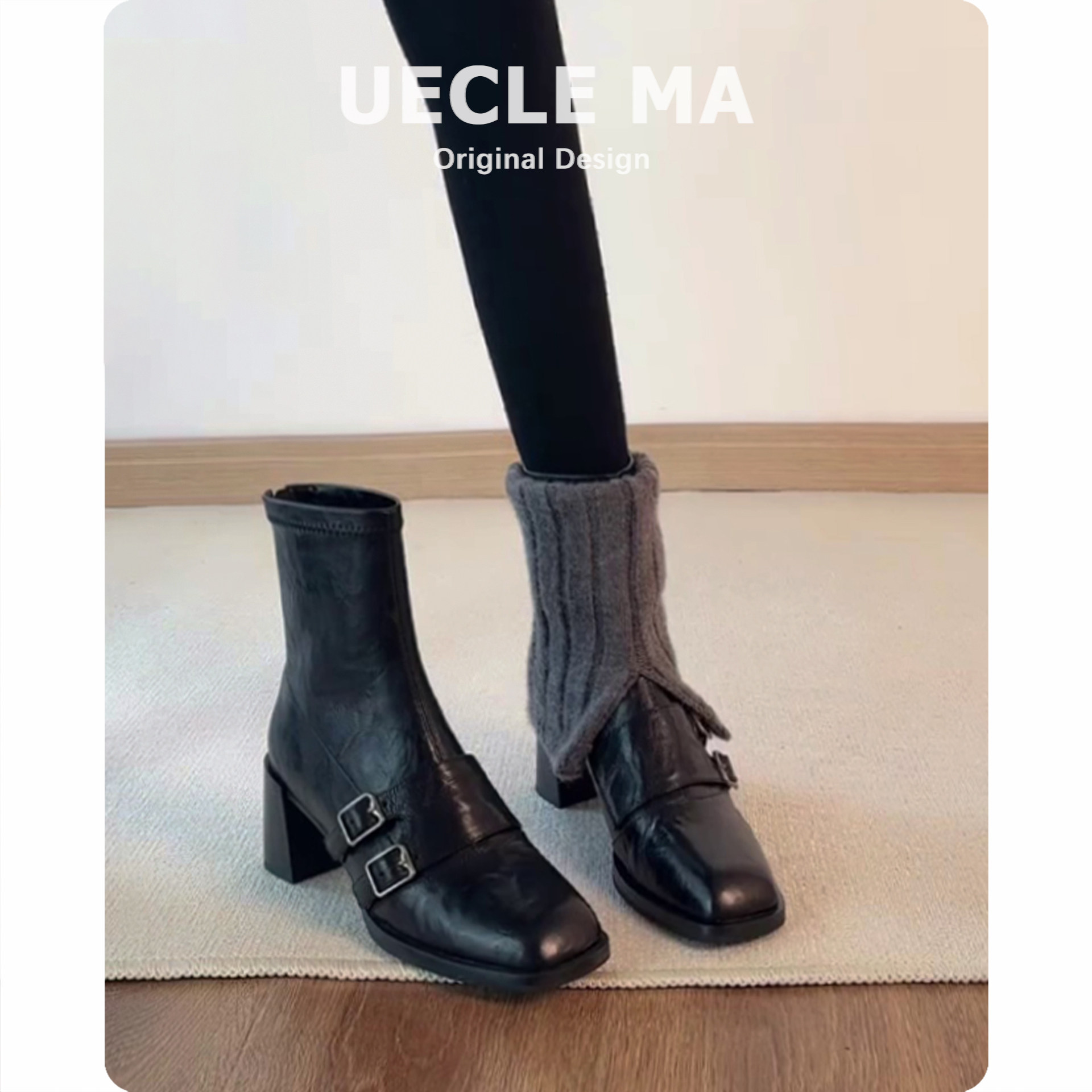 水洗牛皮~韩系方头瘦瘦靴女粗跟小众设计马丁靴子高跟洋气小短靴主图