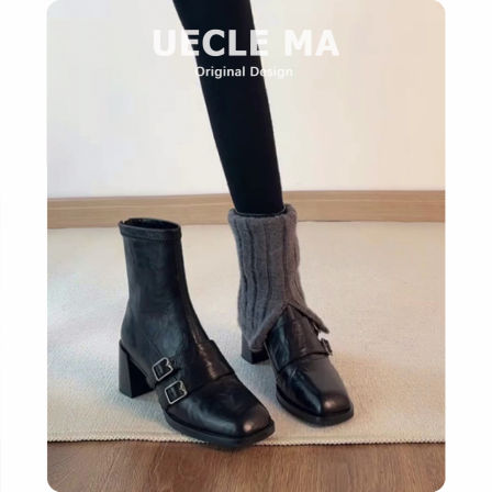 水洗牛皮~韩系方头瘦瘦靴女粗跟小众设计马丁靴子高跟洋气小短靴