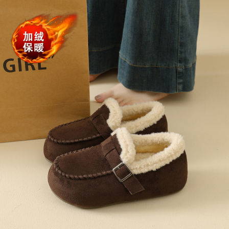 加绒乐福鞋女2025新款冬季保暖毛毛豆豆棉鞋34码复古内增高勃肯鞋