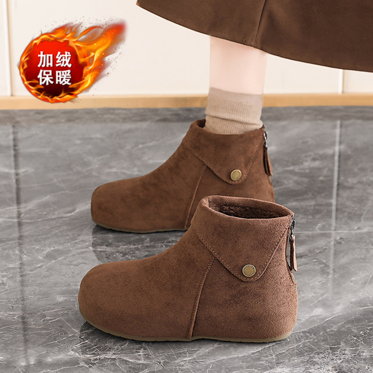 内增高勃肯小短靴女2025新款冬季加绒高帮雪地棉鞋复古保暖马丁靴主图