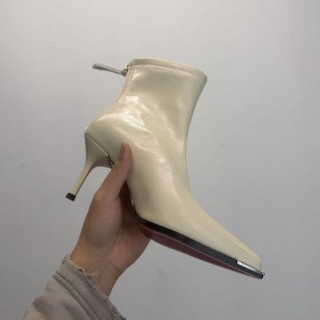 大尧*6cm尖头细跟瘦瘦靴女皮面软底红底舒适高跟短靴X637